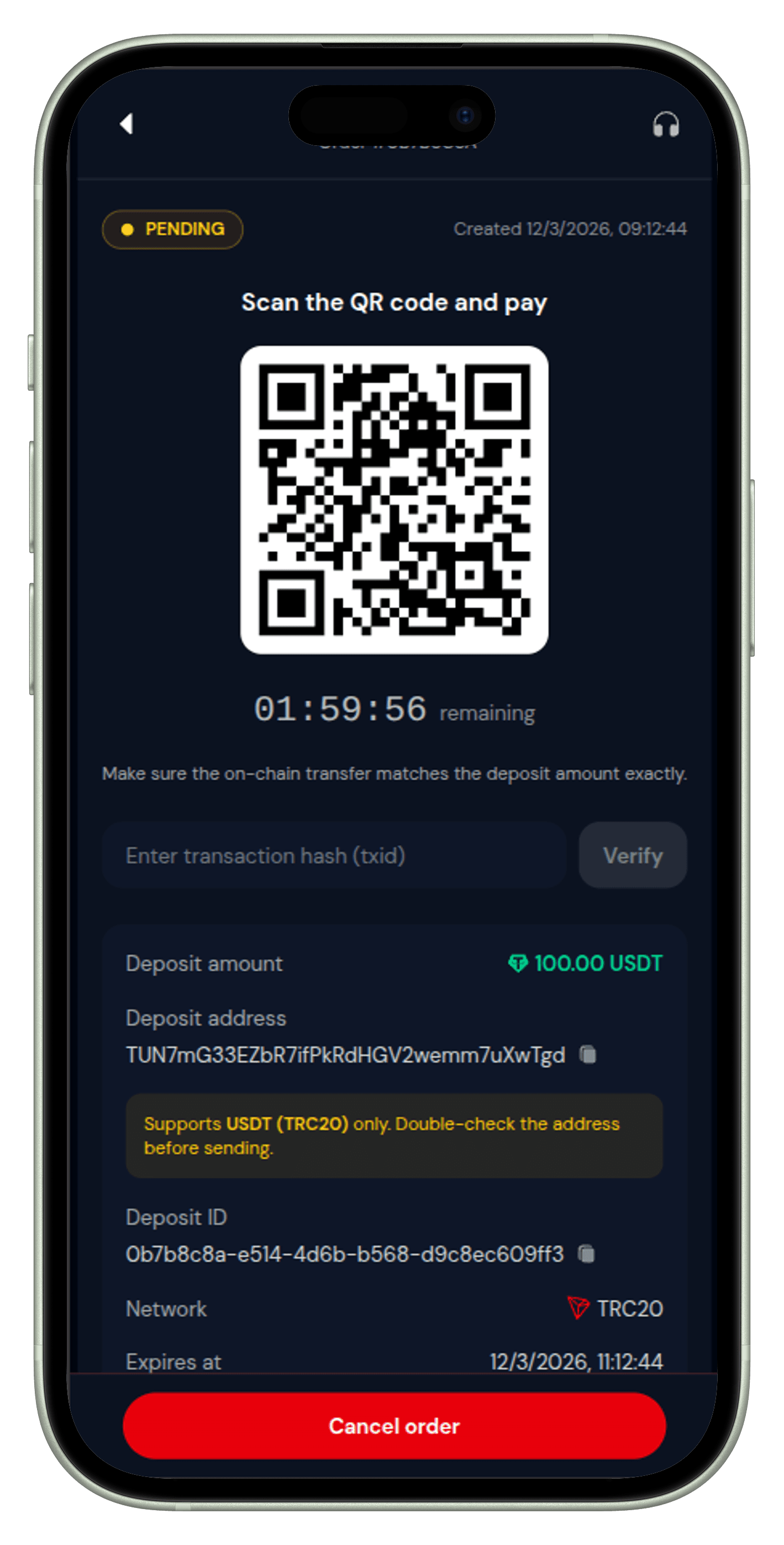 Deposit USDT via TRC20