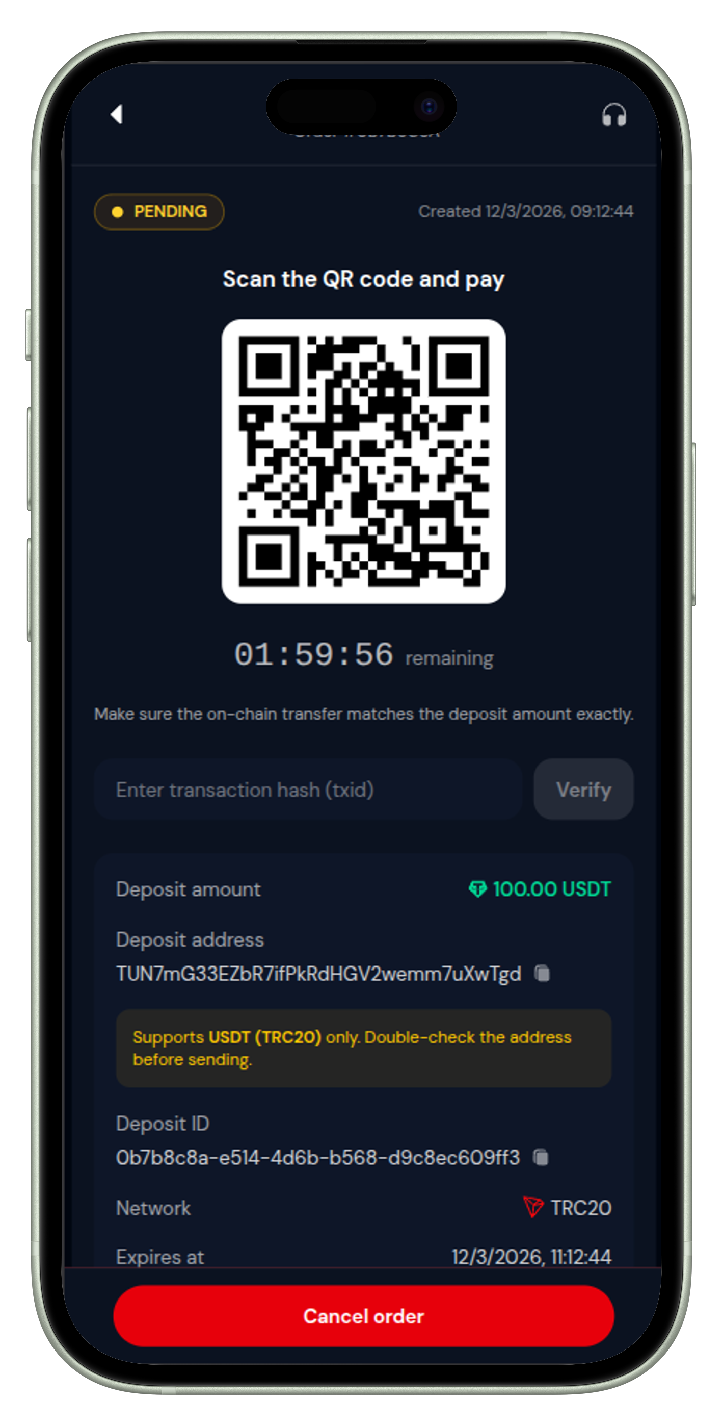 Deposit USDT via TRC20